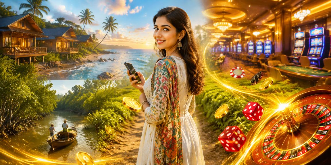 A user enjoying casino games and betting on mobile amid the tea gardens of the Sundarbans